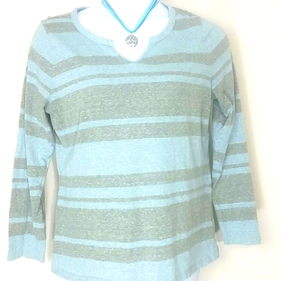 Girls Tshirt long sleeve v neck blue gray stripe stretch - Picture 1 of 4